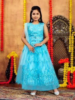 Aarika - Girls Turquoise Embroidery Net Choli with Lehenga & Dupatta