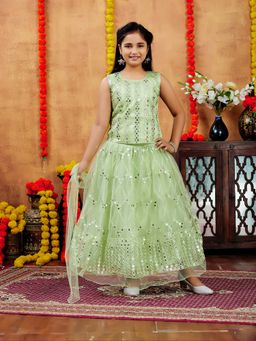 Aarika - Girls Green Sequin Embroidery Net Choli with Lehenga & Dupatta