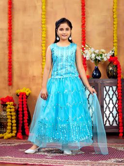 Aarika - Girls Turquoise Sequin Embroidery Net Choli with Lehenga & Dupatta