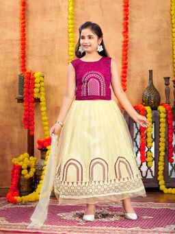 Aarika - Girls Pink Thread Embroidery Net Choli with Lehenga & Dupatta