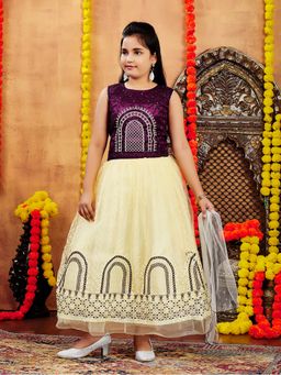Aarika - Girls Purple Thread Embroidery Net Choli with Lehenga & Dupatta
