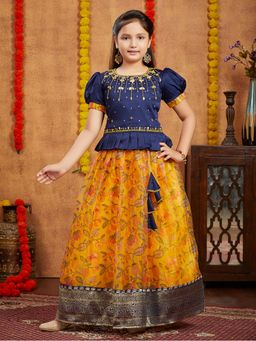 Aarika - Girls Navy Blue Beads Hand Embroidery Silk Choli with Lehenga