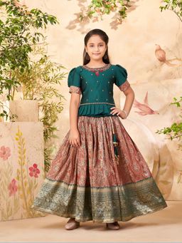 Aarika - Girls Green Hand Embroidery Silk Choli with Lehenga