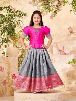 Aarika - Girls Rani Pink Beads Hand Embroidery Silk Choli with Lehenga