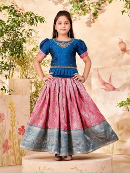 Aarika - Girls Blue Beads Hand Embroidery Silk Choli with Lehenga & Dupatta