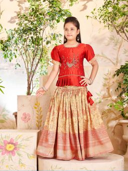 Aarika - Girls Red Beads Hand Embroidery Silk Choli with Lehenga