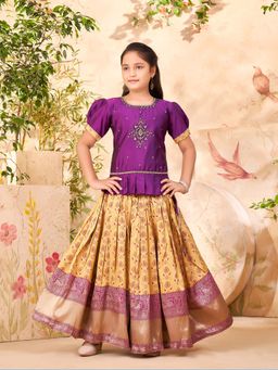 Aarika - Girls Purple Beads Hand Embroidery Silk Choli with Lehenga