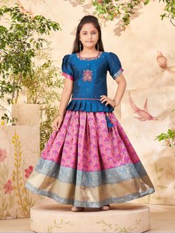Aarika - Girls Blue Ethnic Beads Hand Embroidery Silk Choli with Lehenga