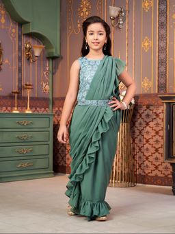 Aarika - Girls Green Sequin Embroidery Choli with Lehenga, Belt & Attached Dupatta