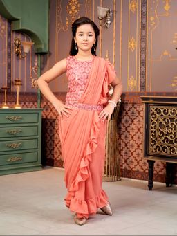 Aarika - Girls Peach Sequin Embroidery Choli with Lehenga, Belt & Attached Dupatta