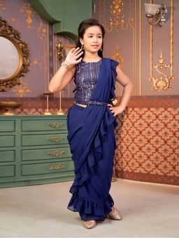 Aarika - Girls Navy Blue Sequin Choli with Lehenga, Belt & Attached Dupatta