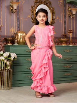 Aarika - Girls Pink Embroidery Choli with Lehenga, Belt & Attached Dupatta