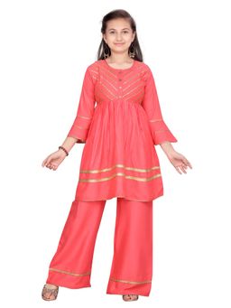 Aarika - Girls Peach Solid Gota Pati Cotton Kurta with Palazzo