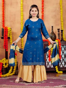 Aarika - Girls Blue Party Wear Printed Cotton Kurta