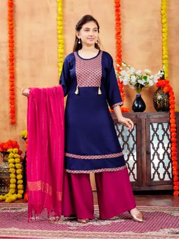 Aarika - Girls Navy Blue Printed Cotton Kurta