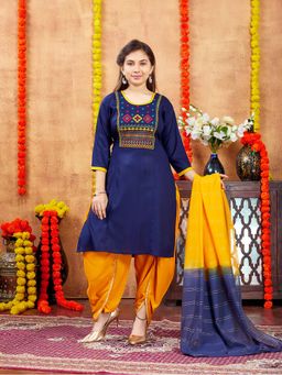 Aarika - Girls Navy Blue Embroidery Cotton Kurta