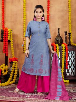 Aarika - Girls Blue Printed Pure Cotton Kurta