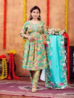 Aarika - Girls Green Printed Silk Kurta