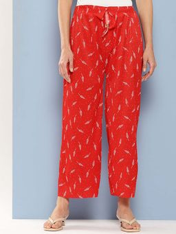 Aarika - Girls Red Leaf Print Nylon Palazzo