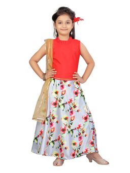 Aarika - Girls Red Floral Print Choli with Lehenga & Dupatta