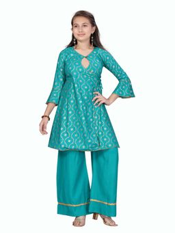 Aarika - Girls Green Woven Cotton Kurta with Palazzo