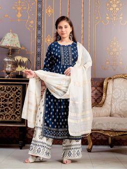 Aarika - Girls Blue Floral Print Rayon Kurta with Palazzo & Dupatta