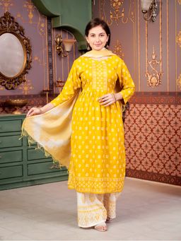 Aarika - Girls Yellow Floral Print Rayon Kurta with Palazzo & Dupatta