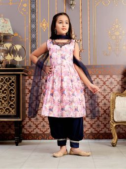 Aarika - Girls Navy Blue Hand Embroidery Kurta with Salwar & Dupatta
