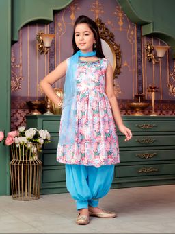Aarika - Girls Turquoise Hand Embroidery Kurta with Salwar & Dupatta