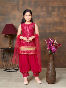 Aarika - Girls Pink Sequin Embroidery Georgette Kurti with Salwar & Dupatta