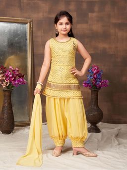 Aarika - Girls Yellow Sequin Embroidery Georgette Kurti with Salwar & Dupatta