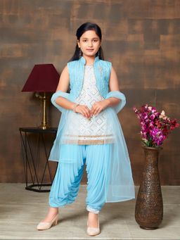 Aarika - Girls Blue Sequin Embroidery Silk Kurti with Salwar & Jacket