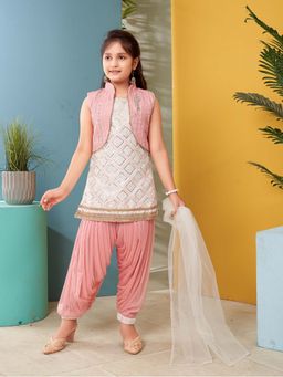 Aarika - Girls Peach Sequin Embroidery Silk Kurti with Salwar & Jacket