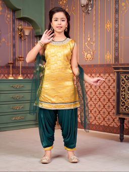 Aarika - Girls Yellow Mirror Embroidery Kurta with Salwar & Dupatta