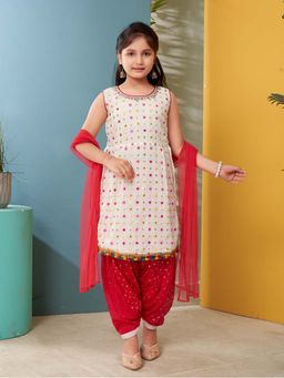 Aarika - Girls White Thread Mirror Embroidery Kurta with Salwar & Dupatta