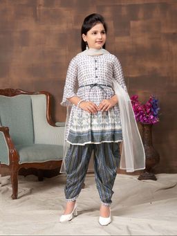 Aarika - Girls Grey Printed Silk Kurti with Salwar & Belt