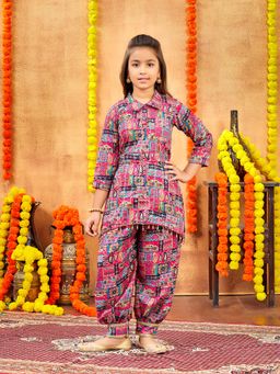 Aarika - Girls Pink Printed Cotton Kurti with Salwar