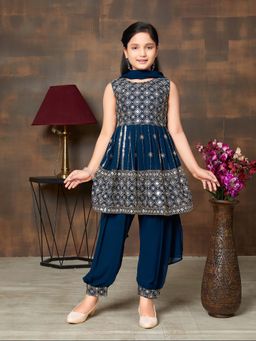 Aarika - Girls Teal Sequin Thread Embroidery Kurti with Salwar & Dupatta