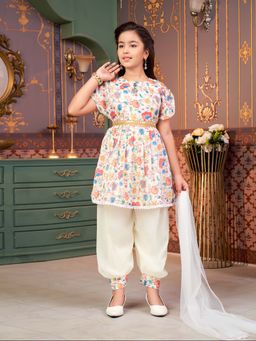 Aarika - Girls Orange Floral Print Kurti with Salwar & Dupatta