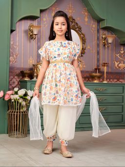 Aarika - Girls Red Floral Print Kurti with Salwar & Dupatta