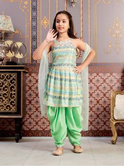 Aarika - Girls Green Floral Print Silk Kurta with Salwar & Dupatta