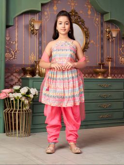 Aarika - Girls Pink Floral Print Silk Kurta with Salwar & Dupatta