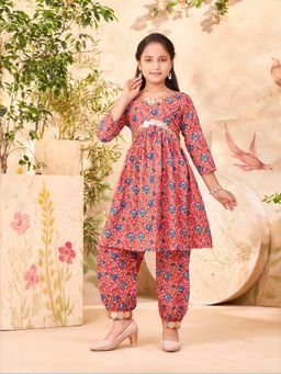 Aarika - Girls Red Floral Print Sequin Kurta with Salwar
