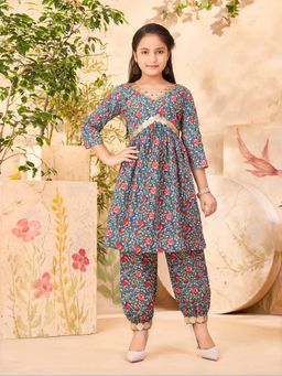 Aarika - Girls Teal Floral Print Sequin Kurta with Salwar