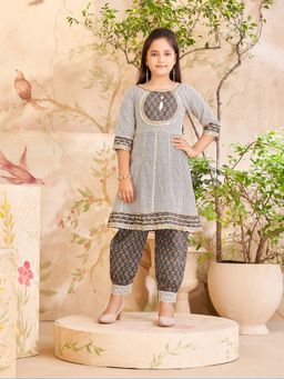 Aarika - Girls Off White Floral Print Cotton Kurta with Salwar
