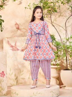 Aarika - Girls Peach Floral Print Gota Lace Cotton Kurta with Salwar