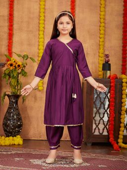 Aarika - Girls Purple Solid Lace Work Silk Kurta with Salwar
