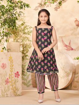 Aarika - Girls Black Floral Print Gota Lace Kurta with Salwar