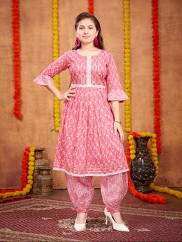 Aarika - Girls Pink Floral Print Gota Cotton Kurta with Salwar