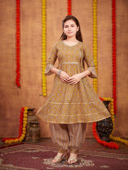 Aarika - Girls Mustard Printed Cotton Kurta with Salwar